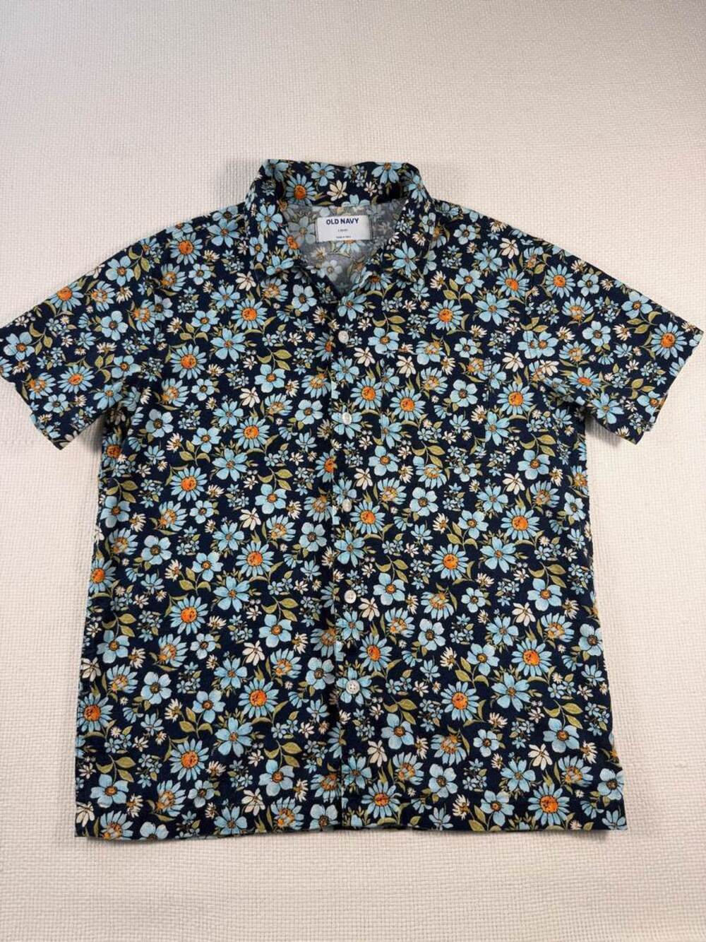 Old Navy Navy Floral Daisy Button Down Shirt Size L (10-12)